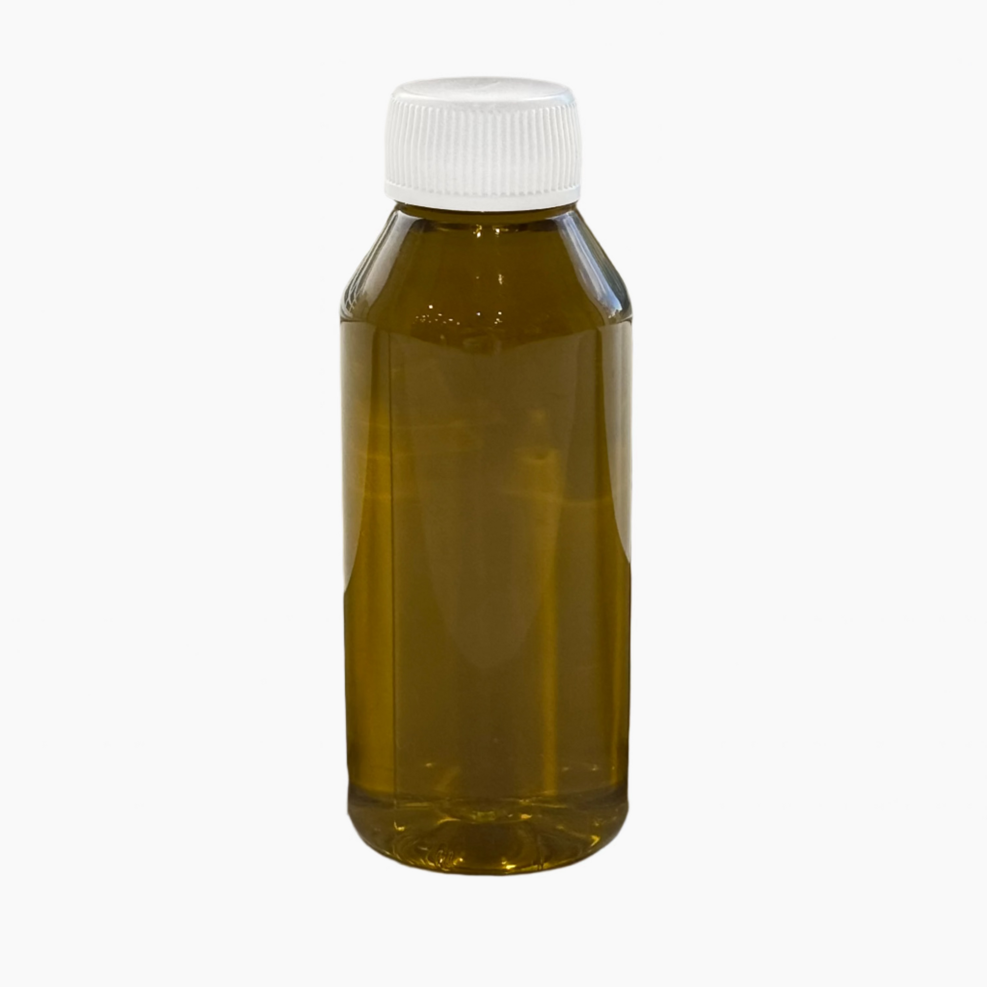 Clear bottle with a white cap filled with olive oil